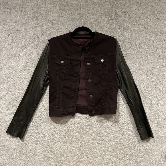 J Brand Jacket Womens Small Noir Red Leather Sleeve Crop Moto Vegan Biker USA - Picture 1 of 14